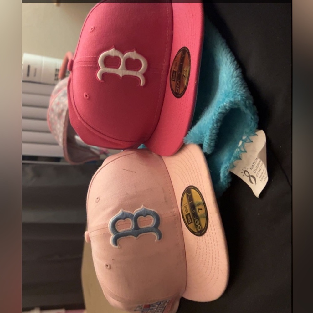 fitted hats, Boston red socks pink. $25 each